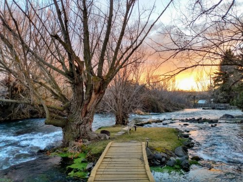 A wooden path leads through a riverside scene with trees and a sunset in the background, reflecting warm colors.