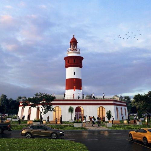 A red and white lighthouse surrounded by people, trees, and cars under a cloudy sky.