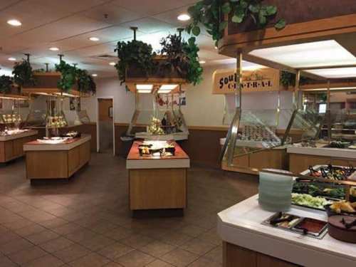 Interior of a buffet restaurant with multiple food stations, plants hanging from the ceiling, and a warm, inviting atmosphere.