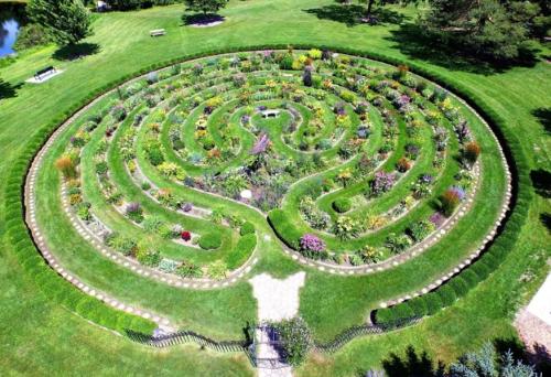 Aerial view of a lush garden maze with vibrant flowers and greenery, surrounded by a manicured lawn.