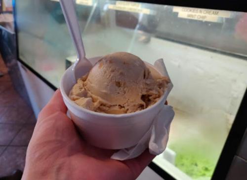 A hand holding a cup of creamy ice cream with a spoon, in front of a display case of various ice cream flavors.
