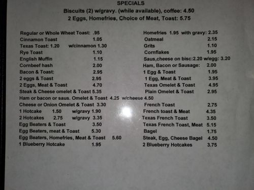 Menu featuring breakfast specials with prices for various items like biscuits, omelets, and hotcakes.