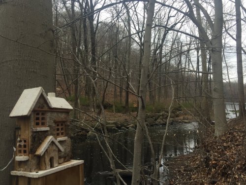 A small wooden house sculpture near a river, surrounded by bare trees and a tranquil, leaf-strewn landscape.