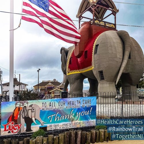 A large elephant statue with a thank you banner for healthcare workers, set against an American flag backdrop.