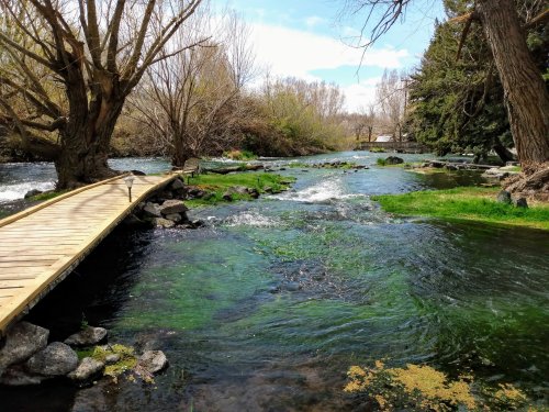 A serene river flows through a lush landscape, with a wooden bridge crossing over and trees lining the banks.