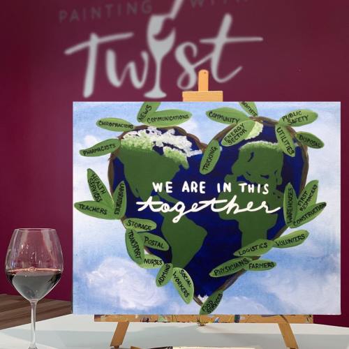 A painting of a heart-shaped Earth with the text "We Are In This Together," surrounded by words representing various professions.