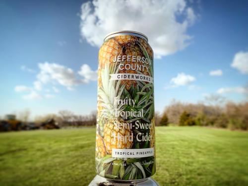 A tall can of Jefferson County Ciderworks Tropical Pineapple hard cider against a blue sky and grassy background.