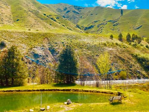 A serene landscape featuring a green pond surrounded by lush hills and trees under a bright blue sky.