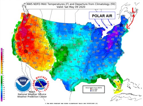 Map of the U.S. showing maximum temperatures and departures from normal on May 9, 2020, with polar air in the northeast.