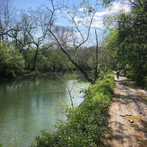 A serene riverbank scene with a dirt path, lush greenery, and two people walking along the water under a clear blue sky.