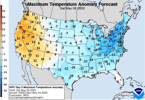 Map showing maximum temperature anomalies across the U.S. for May 9, 2020, with varying temperatures indicated in colors.