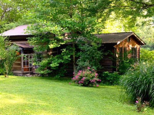 A rustic wooden cabin surrounded by lush greenery and colorful flowers in a serene outdoor setting.