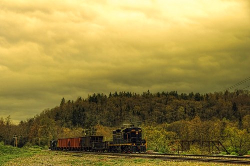 A freight train travels along tracks under a moody, overcast sky with trees in the background.