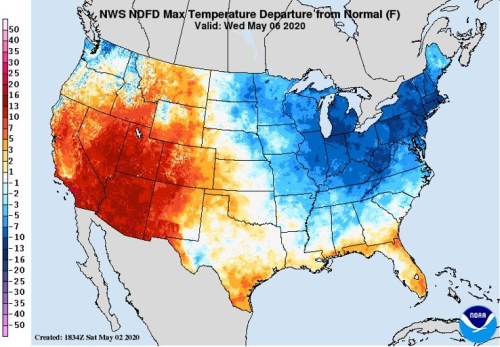 Map showing temperature departures from normal across the U.S. on May 6, 2020, with varying colors indicating temperature changes.