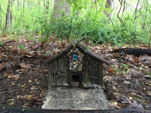 A small, whimsical wooden house decorated with stones and moss, nestled in a lush, green forest.