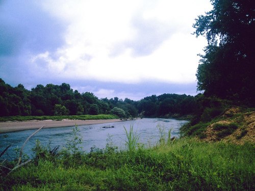 A serene river flows through lush greenery under a cloudy sky, with trees lining the banks.
