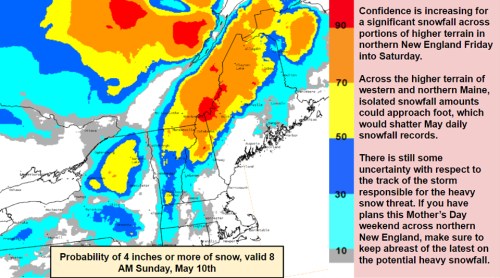Map showing snowfall probability in northern New England, highlighting areas with significant snowfall expected by May 10th.