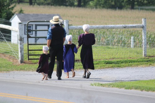 A family in traditional attire walks along a rural road, with fields and a barn in the background.