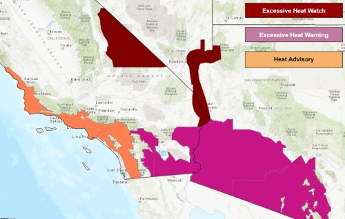 Map showing areas in California with excessive heat warnings, watches, and heat advisories, marked in various colors.
