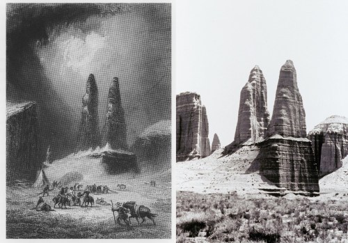 A black-and-white comparison of a historical drawing and a photograph of towering rock formations in a desert landscape.