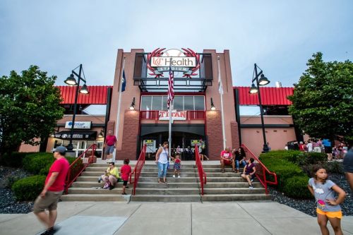 Entrance of a stadium with people walking up the steps, trees on either side, and a flag in front.