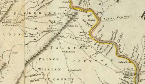 Map showing parts of Fairfax, Prince William, and Frederick counties, with rivers and roads marked in detail.