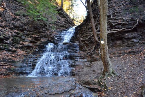 A serene waterfall cascading down rocky terrain, surrounded by autumn foliage and trees.