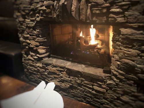 A cozy stone fireplace with a warm fire, viewed from a table set with white plates.