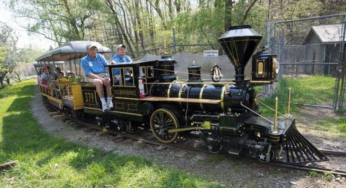 A miniature steam train with passengers rides along a track in a wooded area on a sunny day.