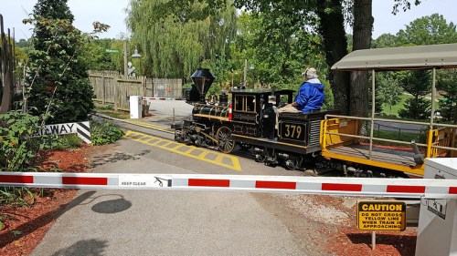 A small steam train waits at a crossing, with a conductor on board, surrounded by greenery and a caution sign nearby.
