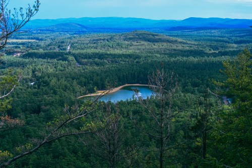 Aerial view of a lush green forest with a small lake surrounded by hills under a clear blue sky.