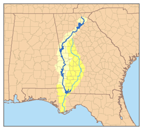 Map showing the Apalachicola River Basin in the southeastern United States, highlighted in yellow and blue.