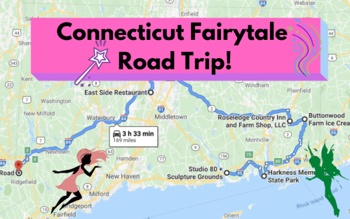 Map of a road trip route in Connecticut, highlighting attractions with a whimsical design and playful graphics.