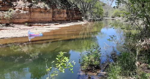 A serene river scene with clear water, sandy banks, and lush greenery along the shore.