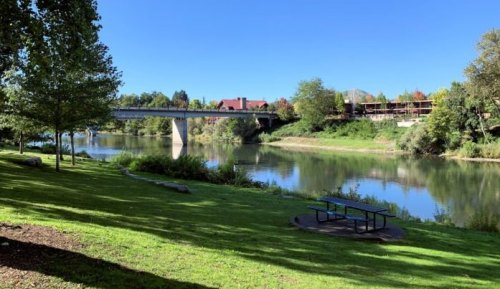A serene riverside park with a bridge, green grass, trees, and a picnic table under a clear blue sky.