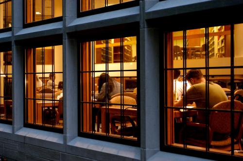Students studying at tables inside a library, illuminated by warm light through large windows.