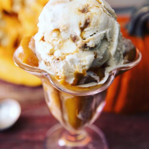 A glass dish filled with creamy ice cream swirled with caramel, set against a blurred autumn background.