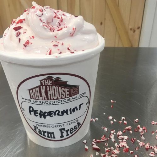 A cup of peppermint ice cream topped with crushed candy canes, with some sprinkles scattered nearby.