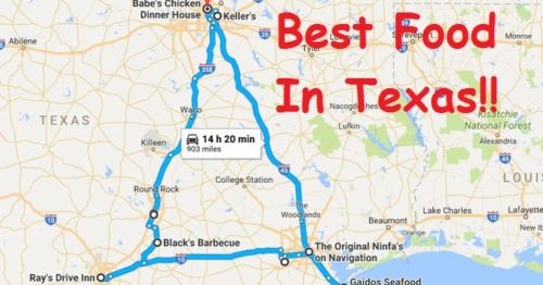 Map highlighting a route in Texas with popular food stops: Babe's Chicken, Keller's, Black's Barbecue, and more.