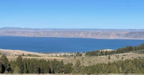 A panoramic view of a blue lake surrounded by mountains and green trees under a clear blue sky.