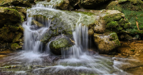 A serene waterfall cascading over moss-covered rocks in a lush, green forest setting.