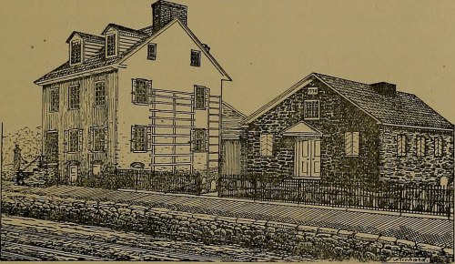 Illustration of two historic buildings, one with a wooden facade and the other with a stone exterior, set along a pathway.