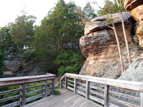 A wooden walkway leads through a rocky landscape with trees and cliffs in the background.