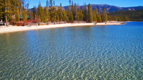 A clear blue lake surrounded by trees and mountains under a bright blue sky.