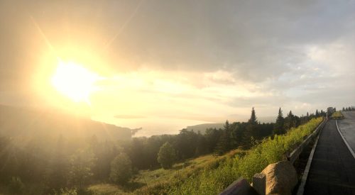 A panoramic view of a sunlit landscape with trees, a river, and a cloudy sky, captured from a roadside.