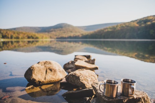 Two metal mugs sit on a rock by a calm lake, surrounded by trees and mountains under a clear blue sky.