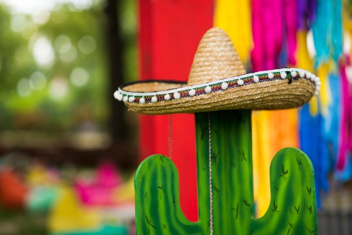 A colorful cactus wearing a sombrero, with vibrant decorations in the background.