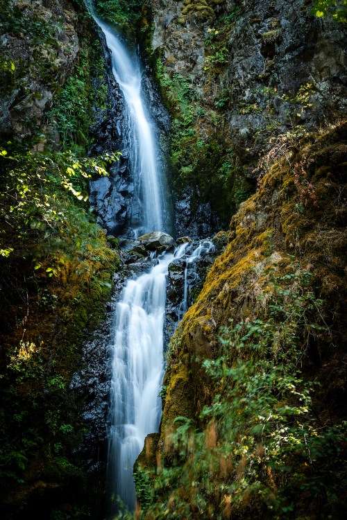 A serene waterfall cascading down rocky cliffs, surrounded by lush greenery and moss.