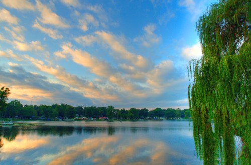 A serene lake scene with a willow tree, reflecting clouds and trees in the water under a blue sky.