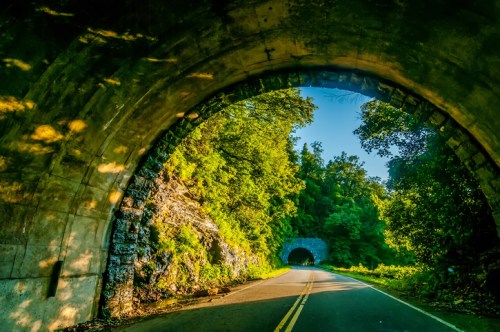 A scenic road passing through a stone archway, surrounded by lush greenery and sunlight filtering through the trees.